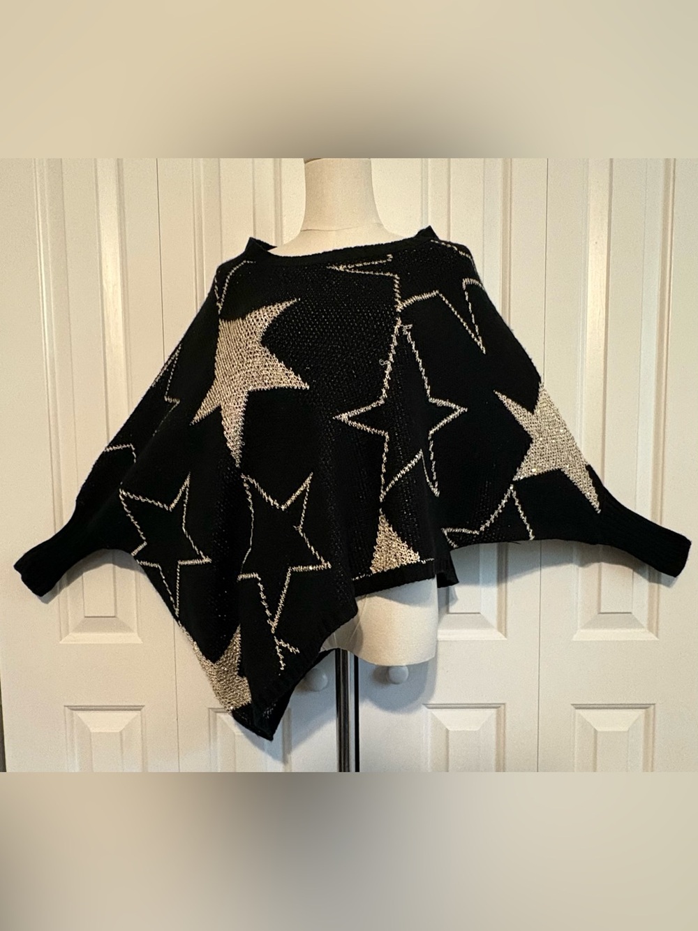 CLICHE’, Asymmetrical Black and Gold Star Pattern Poncho Sweater, Size XS